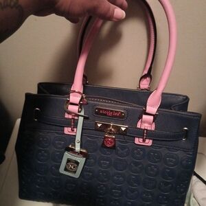 Nicole Lee Navy Satchel with Pink Handles and Gold Hardware